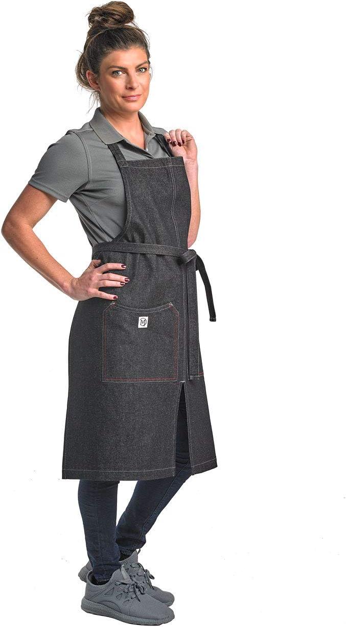 image:imageMercer Culinary Metro Edge Renegade Bib Server Apron Black Denim with Brown Leather StrapsBlack Denim
