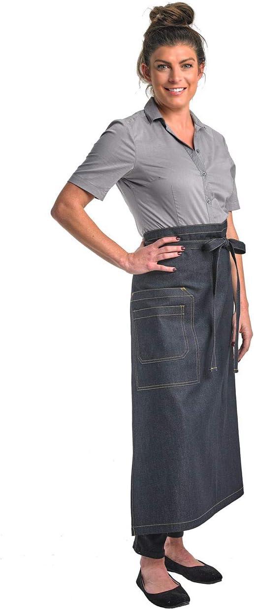 image:imageMercer Culinary Metro Edge Renegade Bib Server Apron Black Denim with Brown Leather StrapsBlack Denim