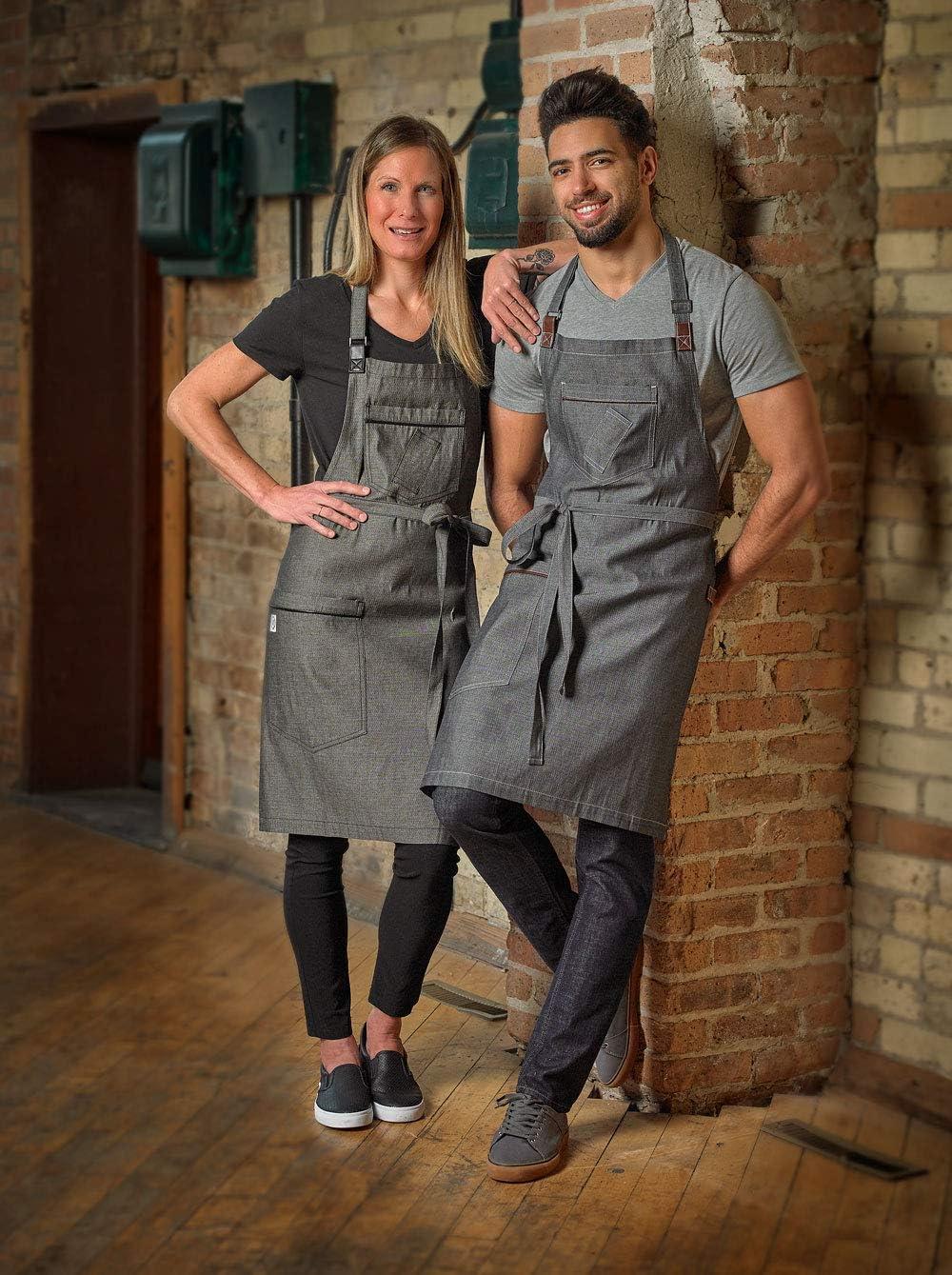 image:imageMercer Culinary Metro Edge Renegade Bib Server Apron Black Denim with Brown Leather StrapsBlack Denim
