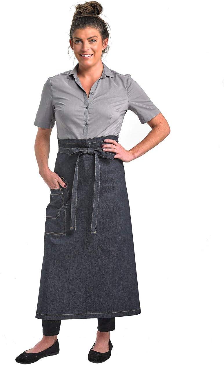 image:imageMercer Culinary Metro Edge Renegade Bib Server Apron Black Denim with Brown Leather StrapsBlack Denim