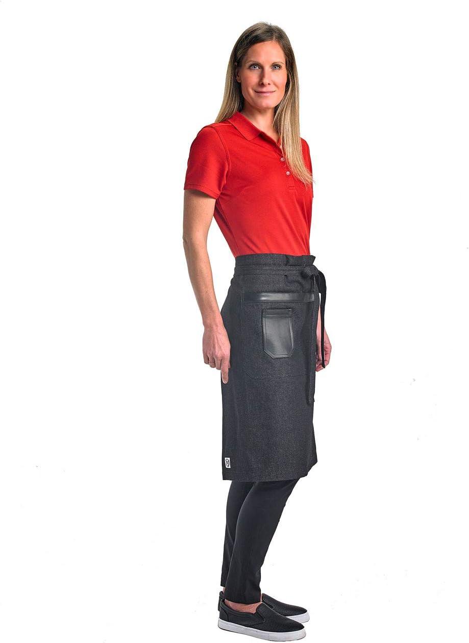image:imageMercer Culinary Metro Edge Renegade Bib Server Apron Black Denim with Brown Leather StrapsBlack Denim