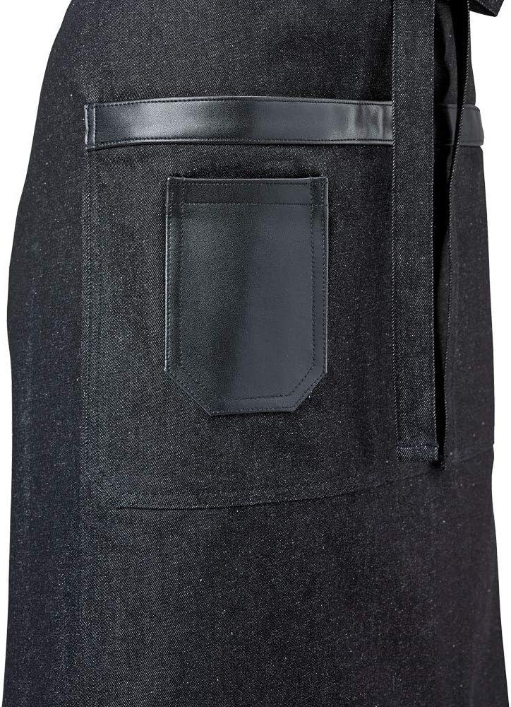 image:imageMercer Culinary Metro Edge Renegade Bib Server Apron Black Denim with Brown Leather StrapsBlack Denim