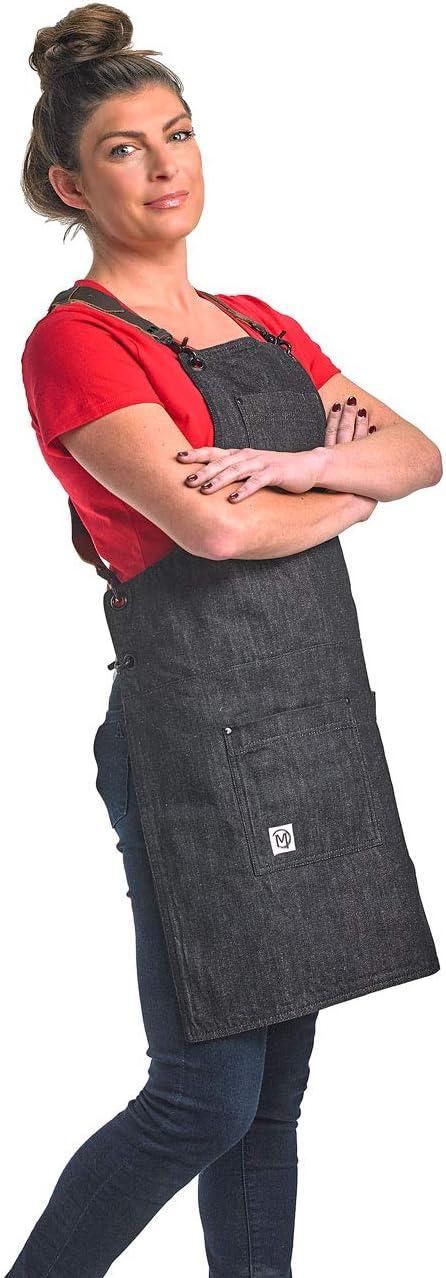 image:imageMercer Culinary Metro Edge Renegade Bib Server Apron Black Denim with Brown Leather StrapsBlack Denim