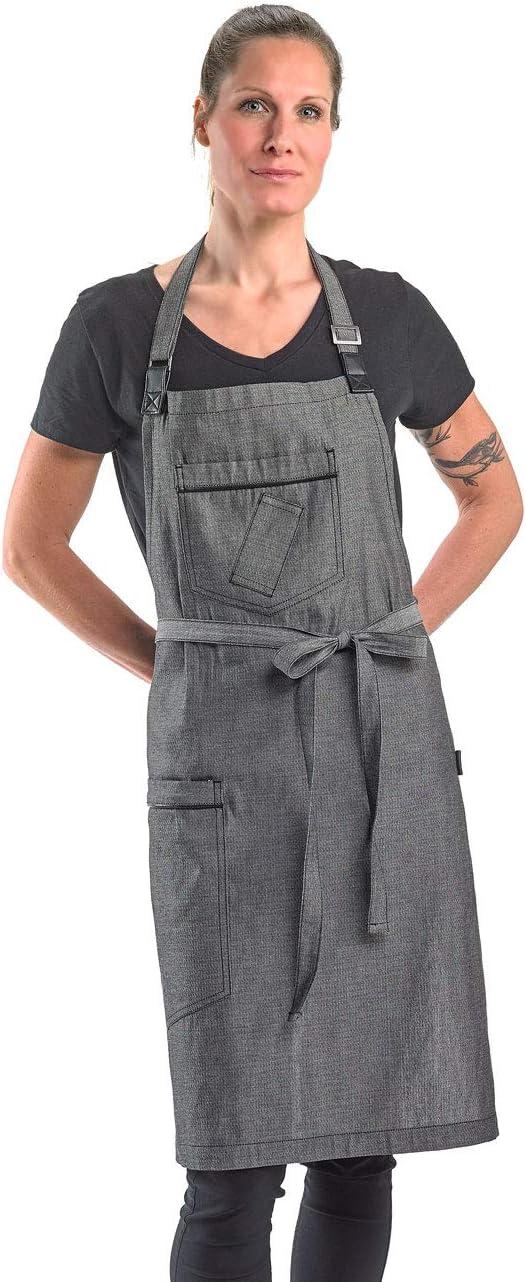 image:imageMercer Culinary Metro Edge Renegade Bib Server Apron Black Denim with Brown Leather StrapsBlack Denim