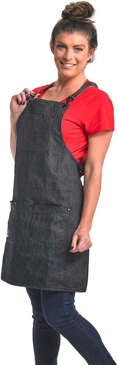 image:imageMercer Culinary Metro Edge Renegade Bib Server Apron Black Denim with Brown Leather StrapsBlack Denim