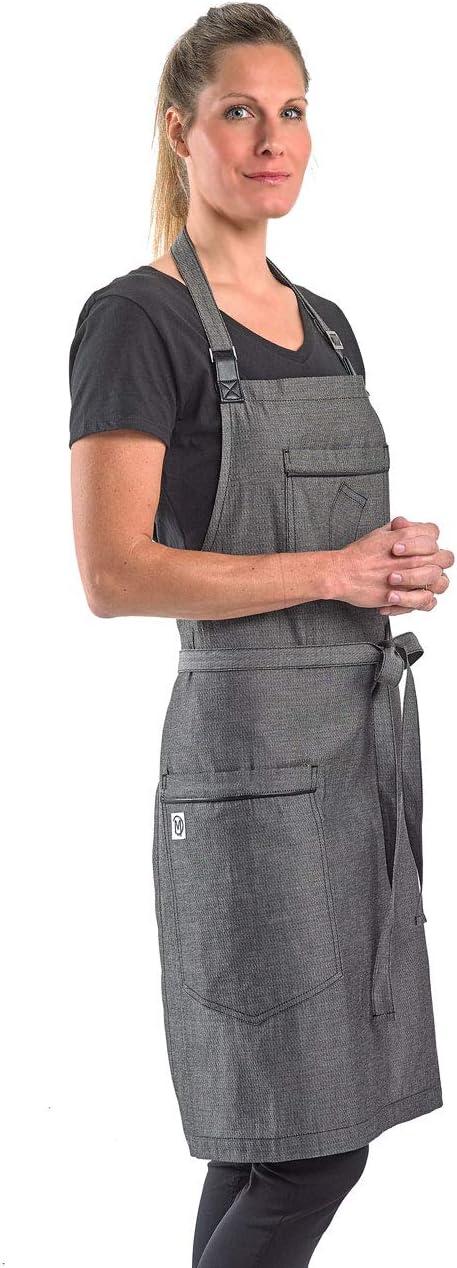 image:imageMercer Culinary Metro Edge Renegade Bib Server Apron Black Denim with Brown Leather StrapsBlack Denim
