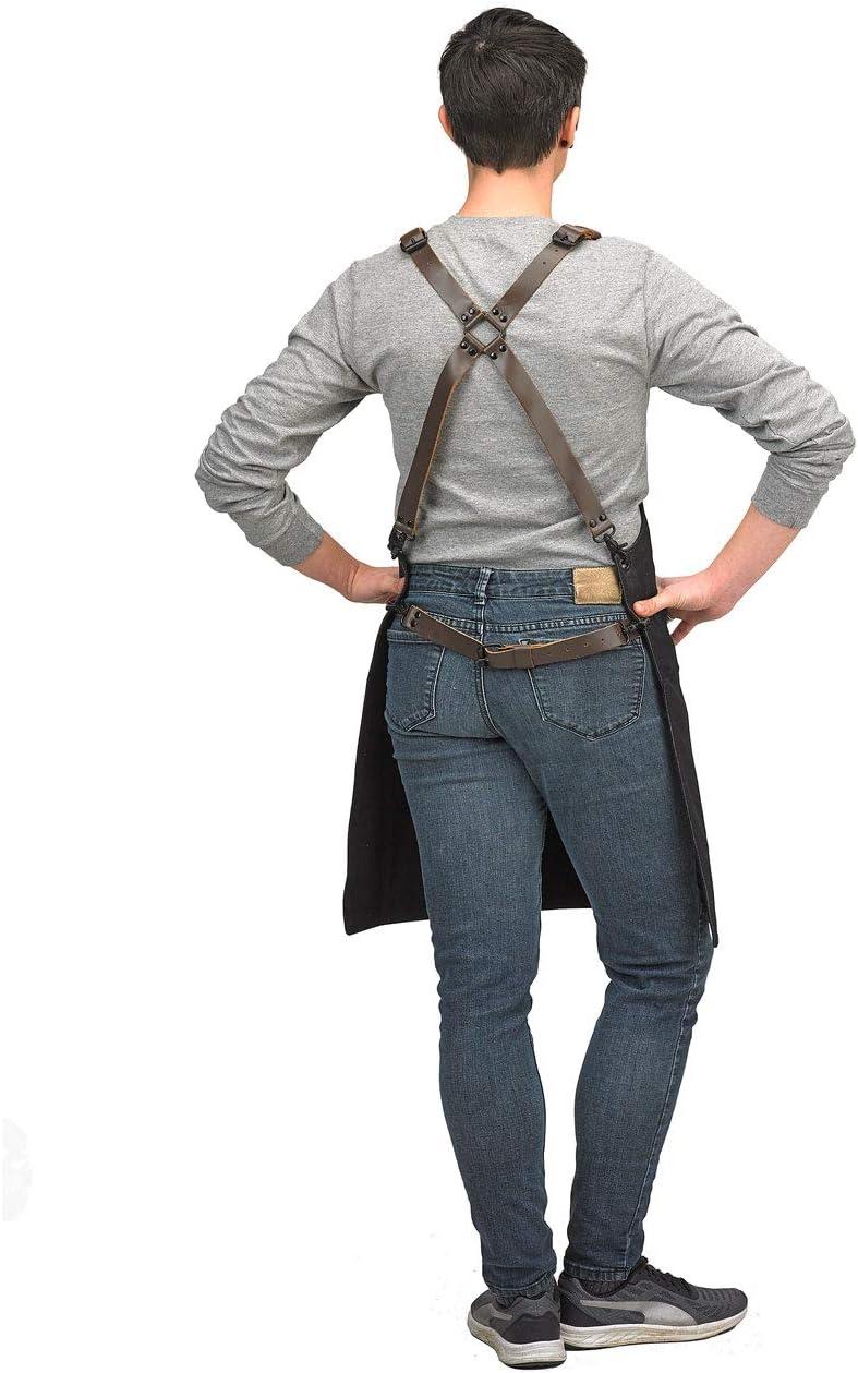 image:imageMercer Culinary Metro Edge Renegade Bib Server Apron Black Denim with Brown Leather StrapsBlack Denim