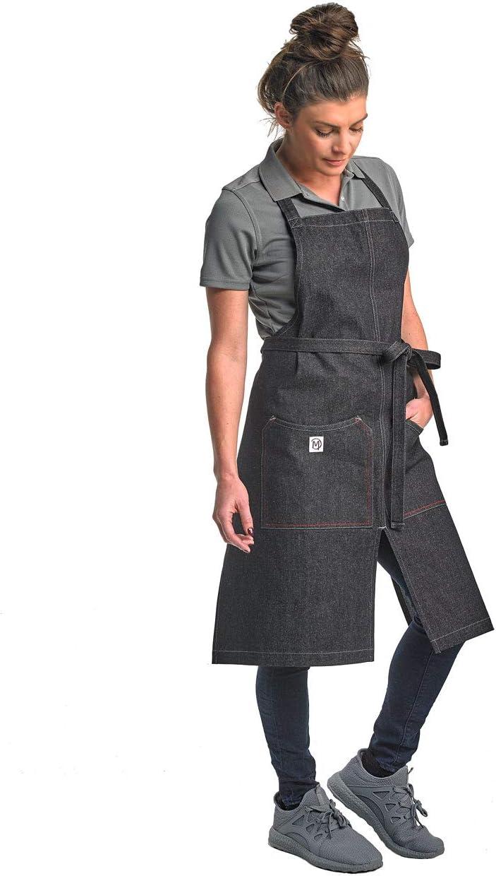 image:imageMercer Culinary Metro Edge Renegade Bib Server Apron Black Denim with Brown Leather StrapsBlack Denim