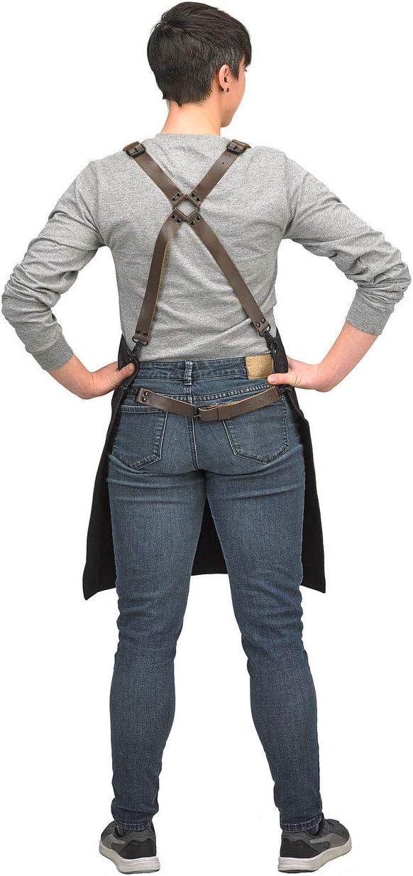 image:imageMercer Culinary Metro Edge Renegade Bib Server Apron Black Denim with Brown Leather StrapsBlack Denim
