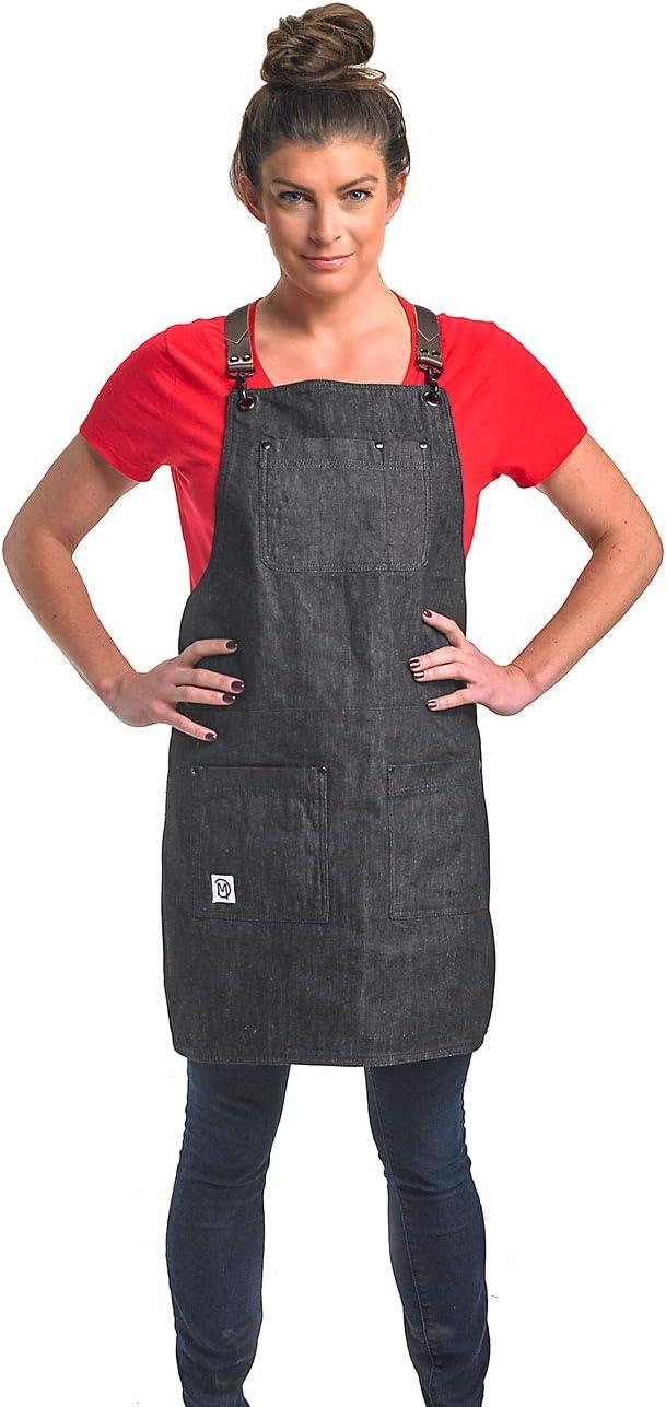 image:imageMercer Culinary Metro Edge Renegade Bib Server Apron Black Denim with Brown Leather StrapsBlack Denim