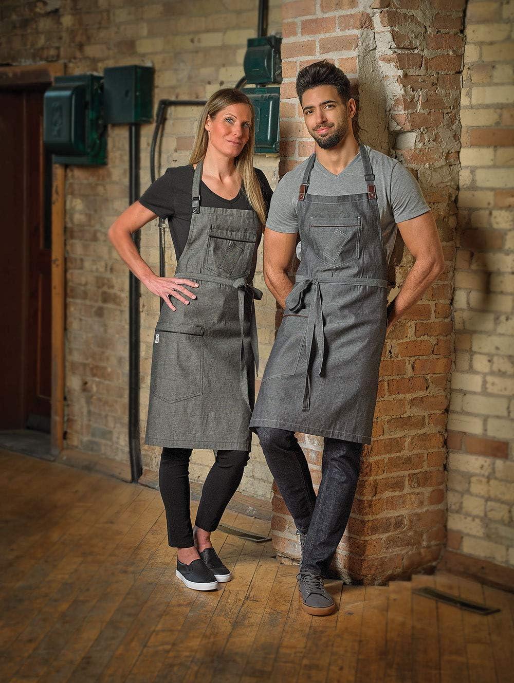 image:imageMercer Culinary Metro Edge Renegade Bib Server Apron Black Denim with Brown Leather StrapsBlack Denim