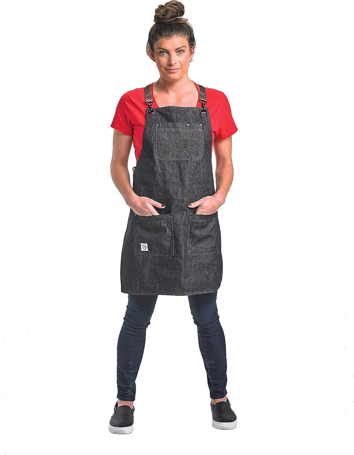 image:imageMercer Culinary Metro Edge Renegade Bib Server Apron Black Denim with Brown Leather StrapsBlack Denim