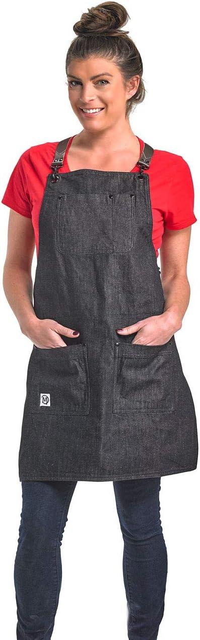 image:imageMercer Culinary Metro Edge Renegade Bib Server Apron Black Denim with Brown Leather StrapsBlack Denim