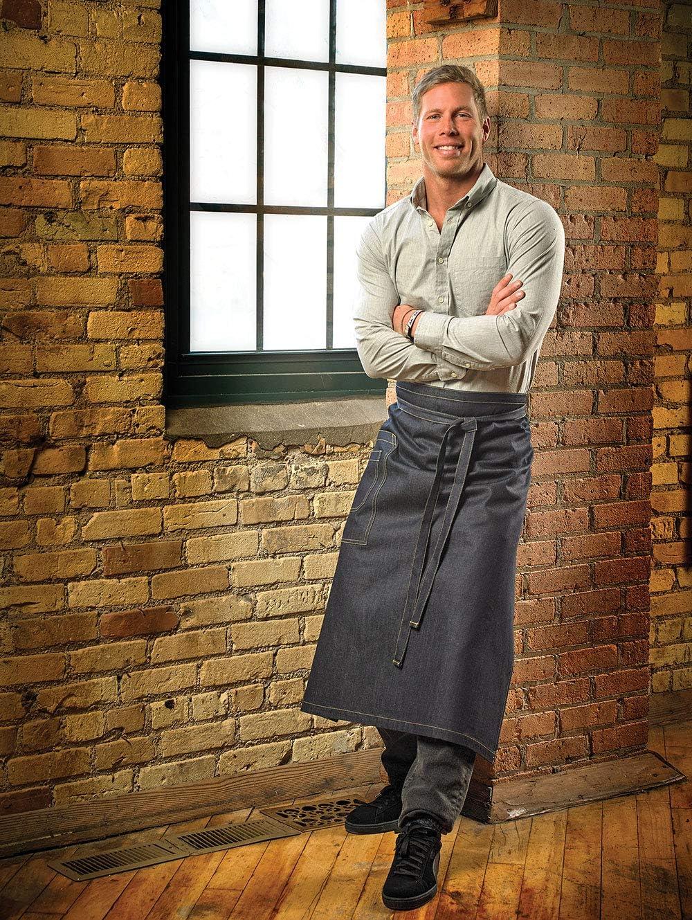 image:imageMercer Culinary Metro Edge Renegade Bib Server Apron Black Denim with Brown Leather StrapsBlack Denim