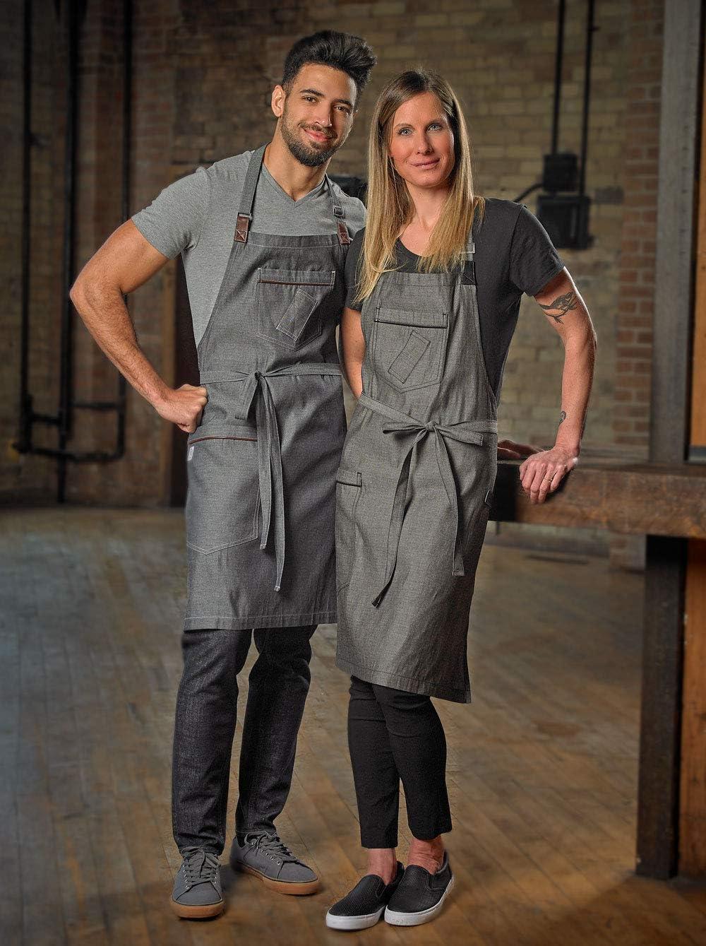 image:imageMercer Culinary Metro Edge Renegade Bib Server Apron Black Denim with Brown Leather StrapsBlack Denim