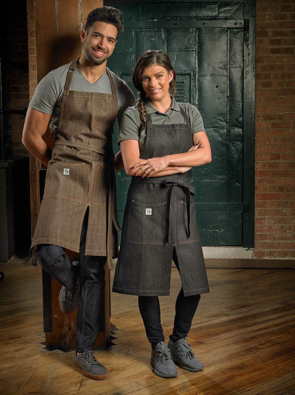 image:imageMercer Culinary Metro Edge Renegade Bib Server Apron Black Denim with Brown Leather StrapsBlack Denim