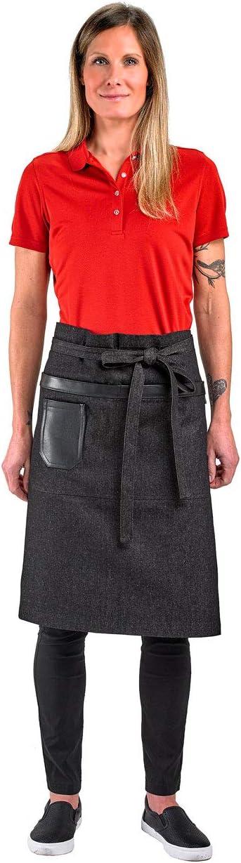 image:imageMercer Culinary Metro Edge Renegade Bib Server Apron Black Denim with Brown Leather StrapsBlack Denim