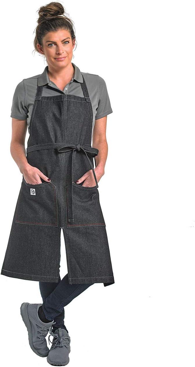 image:imageMercer Culinary Metro Edge Renegade Bib Server Apron Black Denim with Brown Leather StrapsBlack Denim