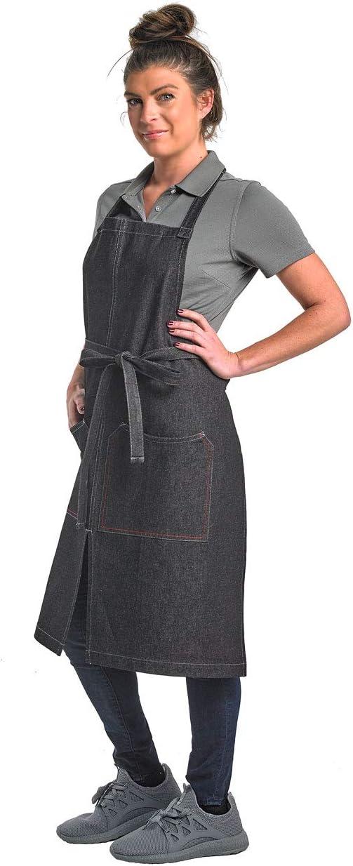 image:imageMercer Culinary Metro Edge Renegade Bib Server Apron Black Denim with Brown Leather StrapsBlack Denim
