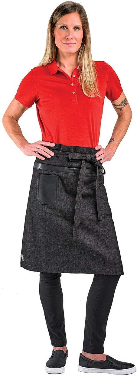 image:imageMercer Culinary Metro Edge Renegade Bib Server Apron Black Denim with Brown Leather StrapsBlack Denim