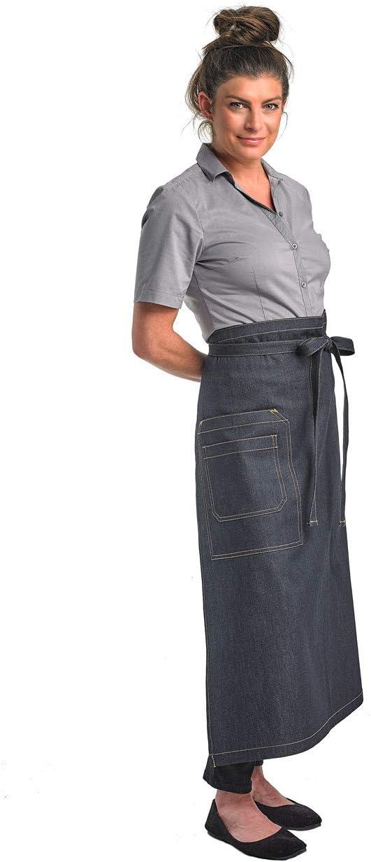 image:imageMercer Culinary Metro Edge Renegade Bib Server Apron Black Denim with Brown Leather StrapsBlack Denim
