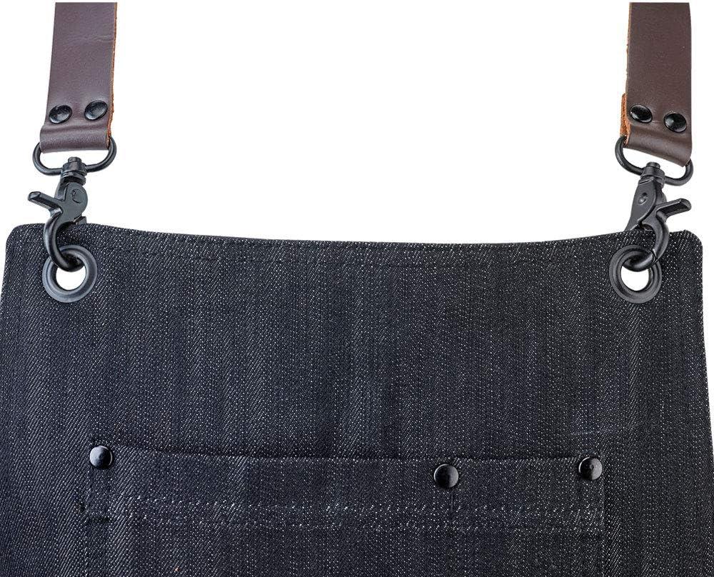 image:imageMercer Culinary Metro Edge Renegade Bib Server Apron Black Denim with Brown Leather StrapsBlack Denim
