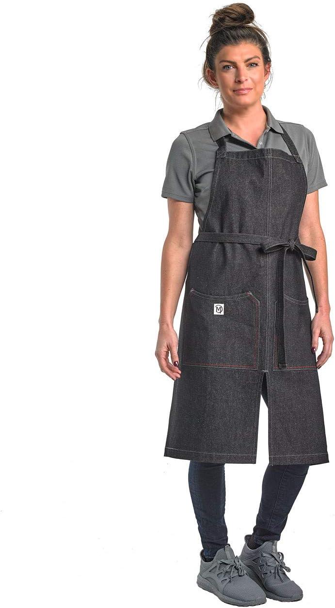 image:imageMercer Culinary Metro Edge Renegade Bib Server Apron Black Denim with Brown Leather StrapsBlack Denim