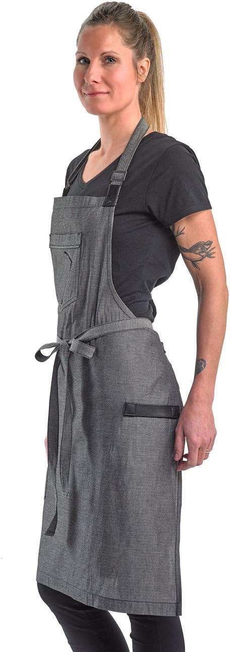 image:imageMercer Culinary Metro Edge Renegade Bib Server Apron Black Denim with Brown Leather StrapsBlack Denim