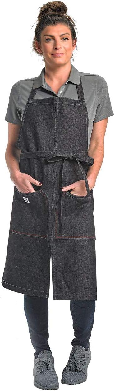image:imageMercer Culinary Metro Edge Renegade Bib Server Apron Black Denim with Brown Leather StrapsBlack Denim