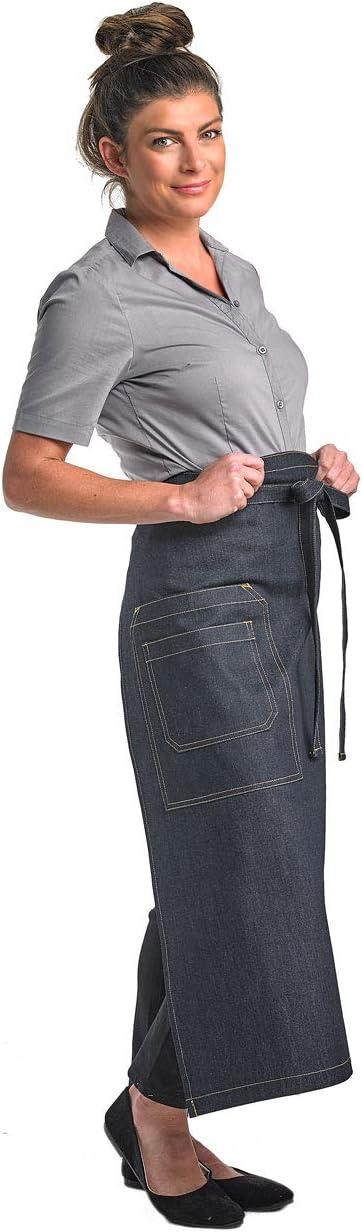 image:imageMercer Culinary Metro Edge Renegade Bib Server Apron Black Denim with Brown Leather StrapsBlack Denim