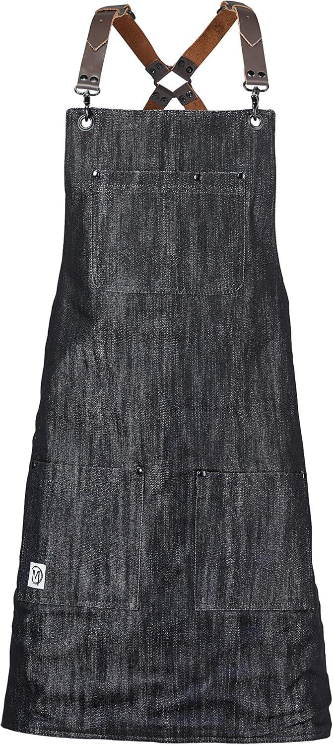 image:imageMercer Culinary Metro Edge Renegade Bib Server Apron Black Denim with Brown Leather StrapsBlack Denim