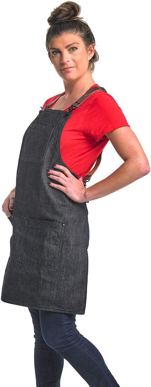 image:imageMercer Culinary Metro Edge Renegade Bib Server Apron Black Denim with Brown Leather StrapsBlack Denim