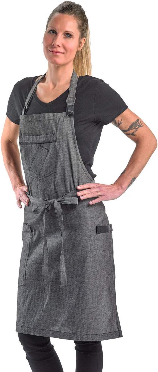 image:imageMercer Culinary Metro Edge Renegade Bib Server Apron Black Denim with Brown Leather StrapsBlack Denim