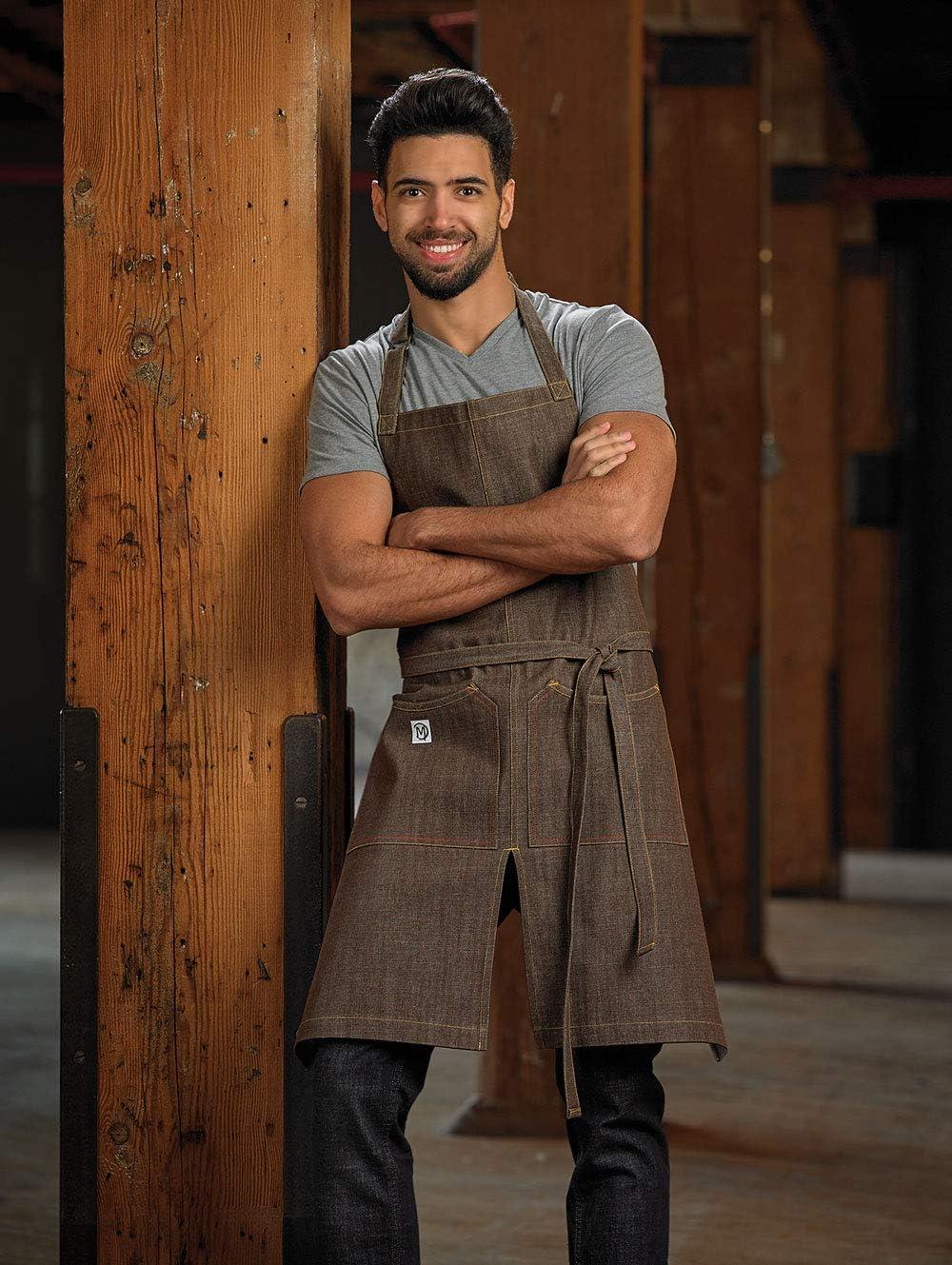 image:imageMercer Culinary Metro Edge Renegade Bib Server Apron Black Denim with Brown Leather StrapsBrown Denim
