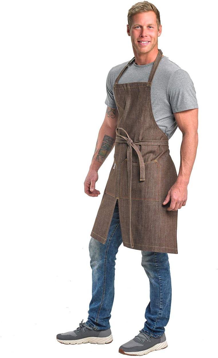 image:imageMercer Culinary Metro Edge Renegade Bib Server Apron Black Denim with Brown Leather StrapsBrown Denim