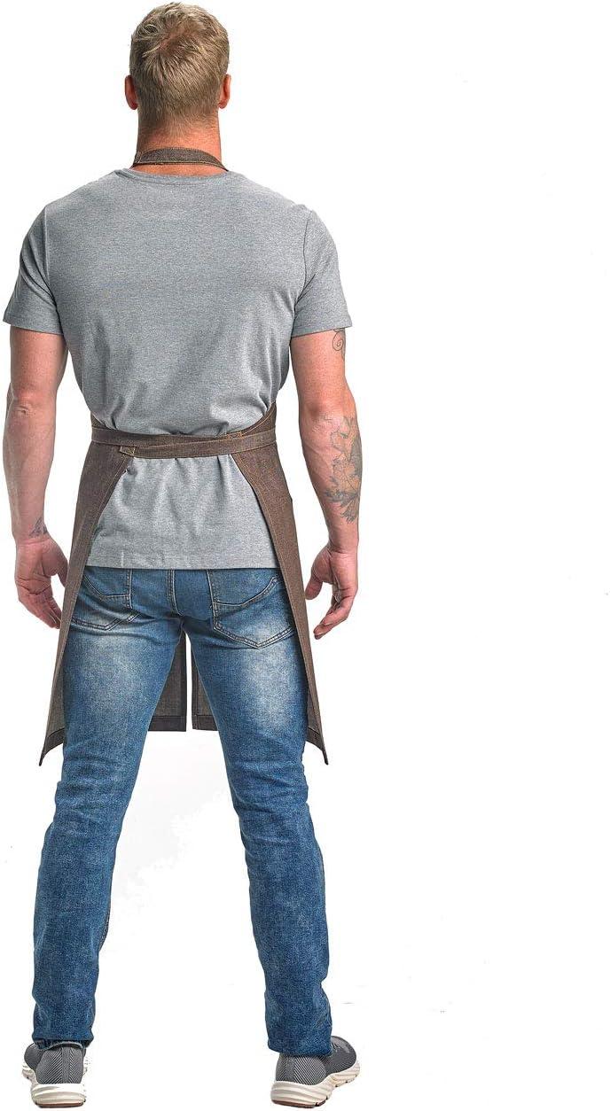 image:imageMercer Culinary Metro Edge Renegade Bib Server Apron Black Denim with Brown Leather StrapsBrown Denim