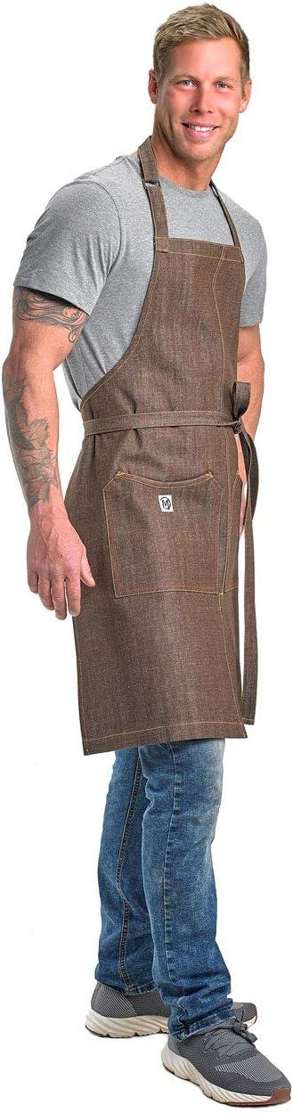 image:imageMercer Culinary Metro Edge Renegade Bib Server Apron Black Denim with Brown Leather StrapsBrown Denim