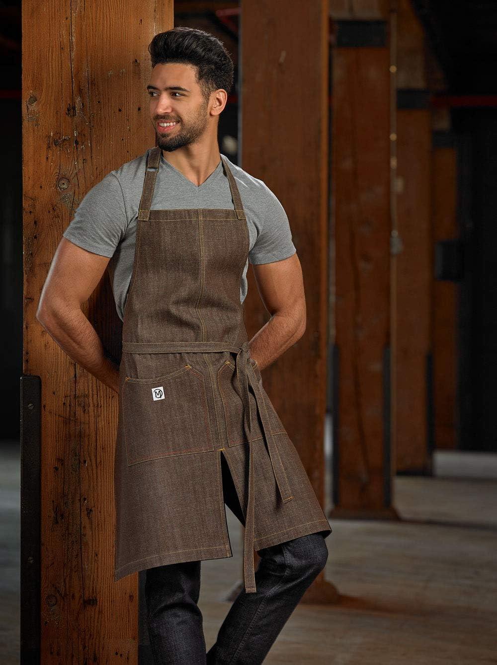 image:imageMercer Culinary Metro Edge Renegade Bib Server Apron Black Denim with Brown Leather StrapsBrown Denim