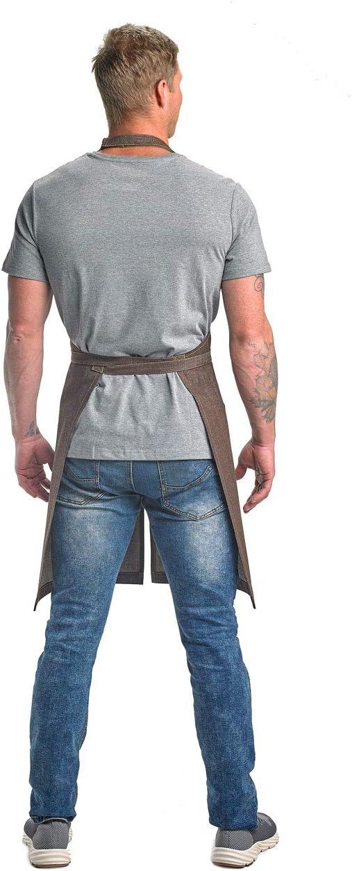 image:imageMercer Culinary Metro Edge Renegade Bib Server Apron Black Denim with Brown Leather StrapsBrown Denim