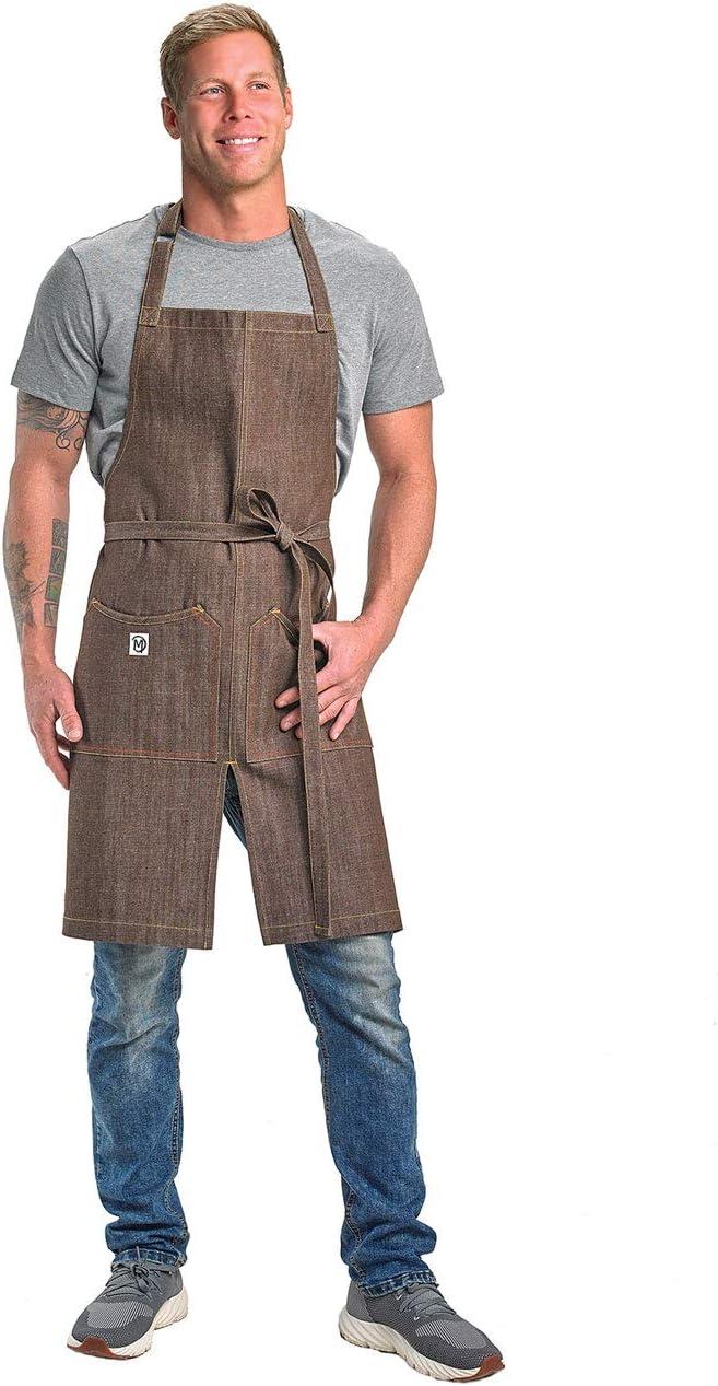image:imageMercer Culinary Metro Edge Renegade Bib Server Apron Black Denim with Brown Leather StrapsBrown Denim