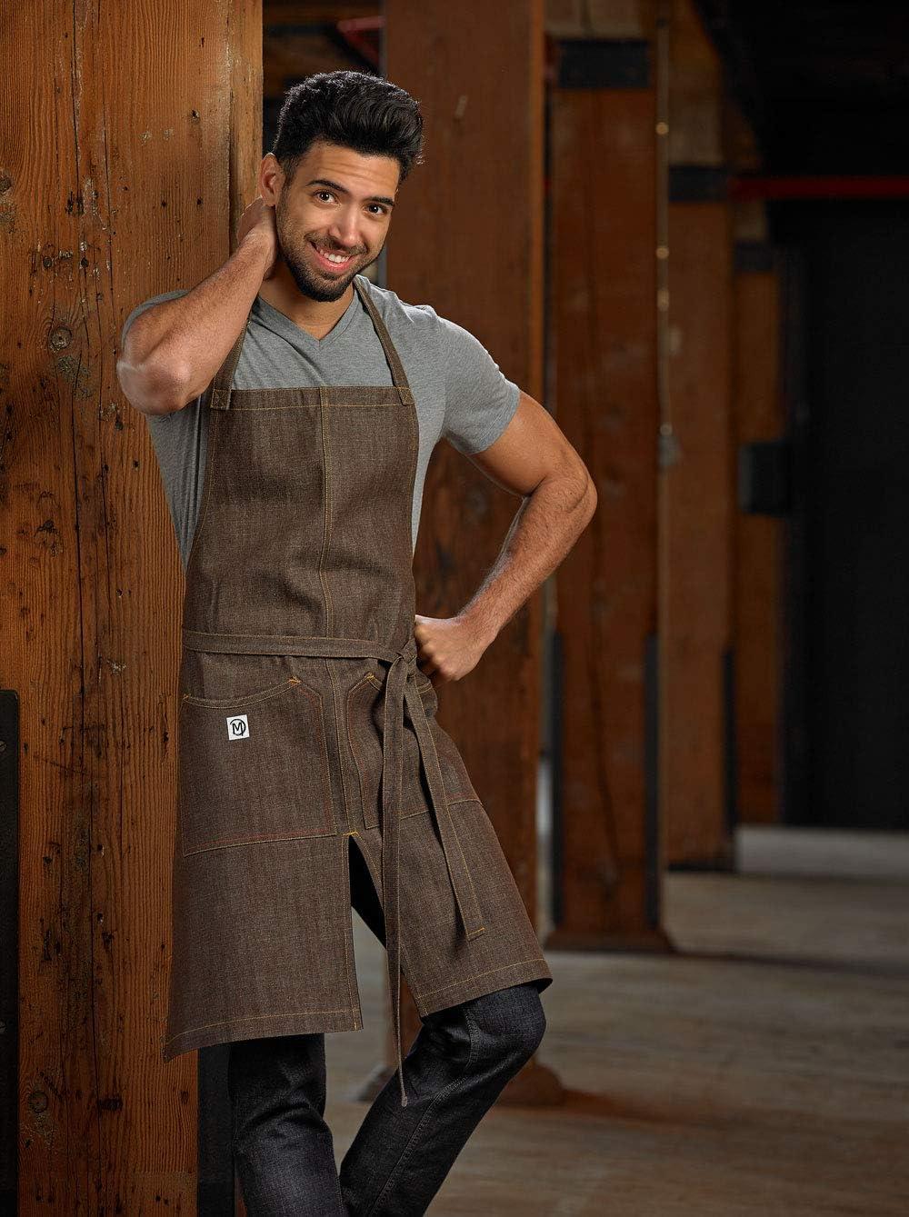 image:imageMercer Culinary Metro Edge Renegade Bib Server Apron Black Denim with Brown Leather StrapsBrown Denim