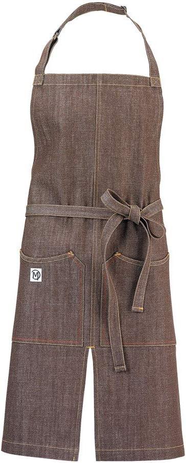 image:imageMercer Culinary Metro Edge Renegade Bib Server Apron Black Denim with Brown Leather StrapsBrown Denim