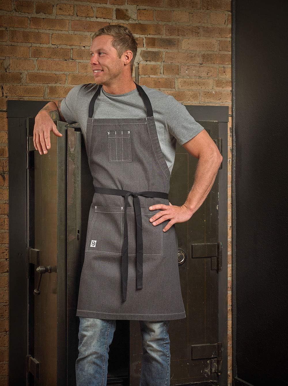 image:imageMercer Culinary Metro Edge Renegade Bib Server Apron Black Denim with Brown Leather StrapsCharcoal Gray