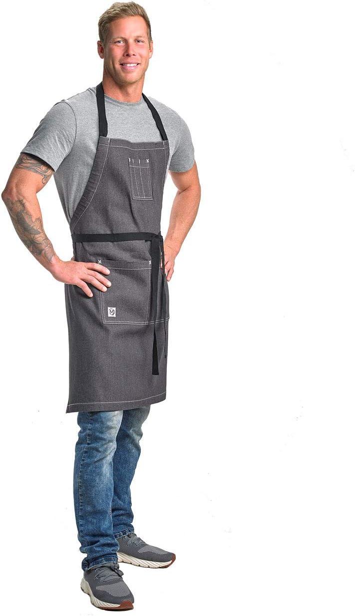 image:imageMercer Culinary Metro Edge Renegade Bib Server Apron Black Denim with Brown Leather StrapsCharcoal Gray