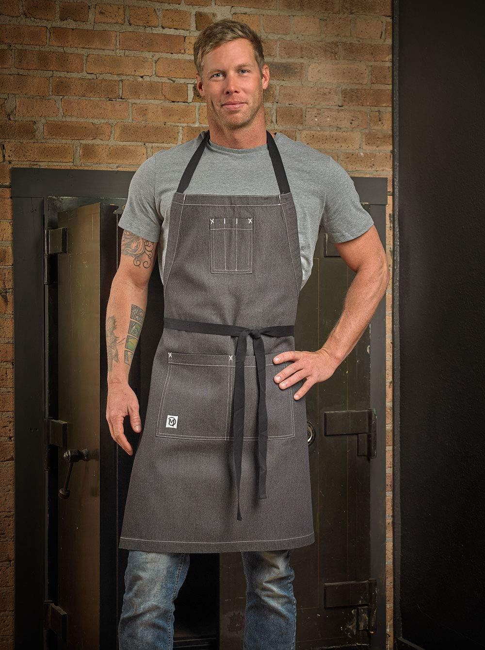 image:imageMercer Culinary Metro Edge Renegade Bib Server Apron Black Denim with Brown Leather StrapsCharcoal Gray