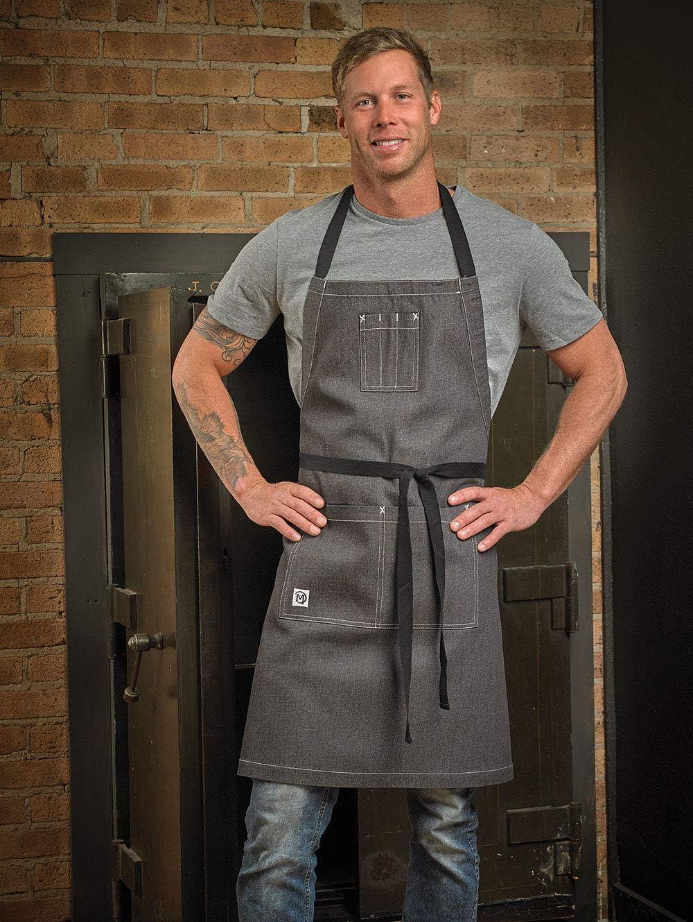 image:imageMercer Culinary Metro Edge Renegade Bib Server Apron Black Denim with Brown Leather StrapsCharcoal Gray