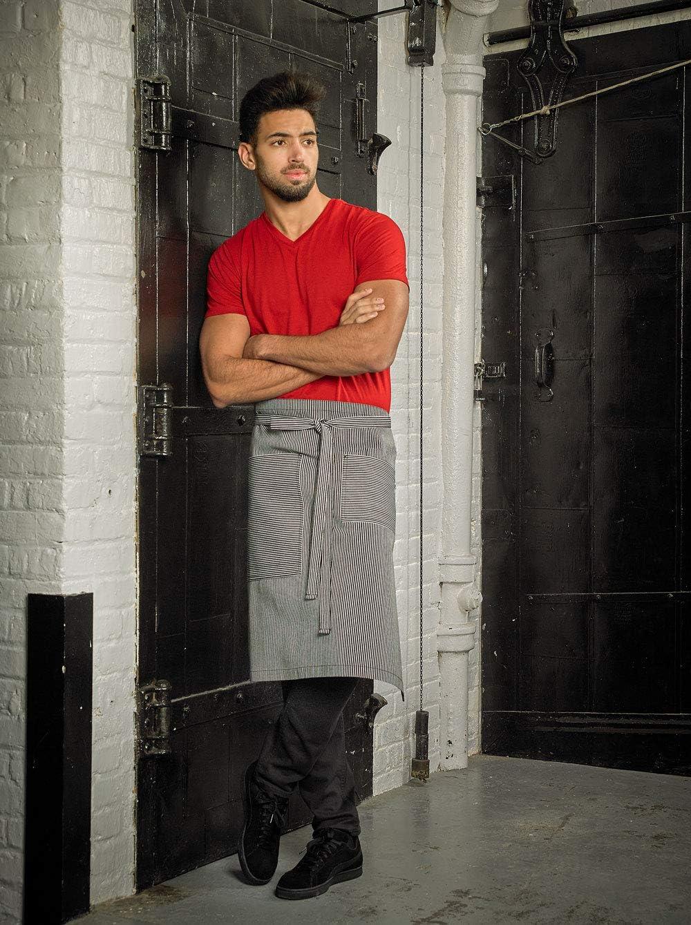 image:imageMercer Culinary Metro Edge Renegade Bib Server Apron Black Denim with Brown Leather StrapsNavyWhite Railroad Stripe