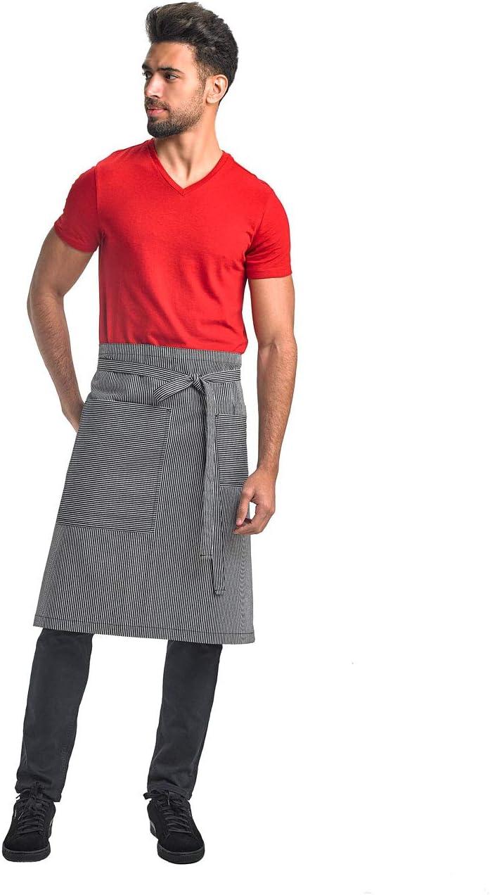 image:imageMercer Culinary Metro Edge Renegade Bib Server Apron Black Denim with Brown Leather StrapsNavyWhite Railroad Stripe