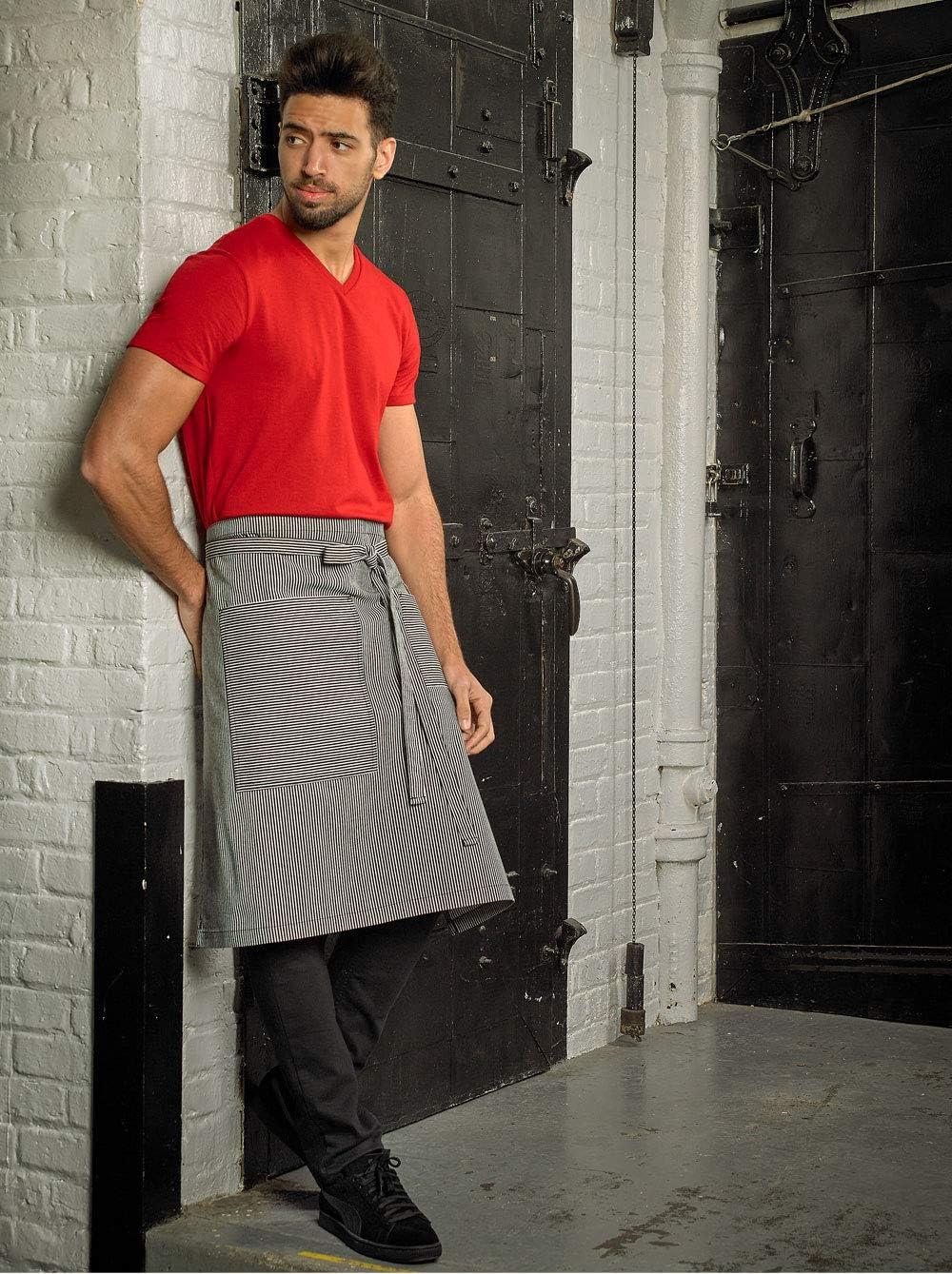 image:imageMercer Culinary Metro Edge Renegade Bib Server Apron Black Denim with Brown Leather StrapsNavyWhite Railroad Stripe