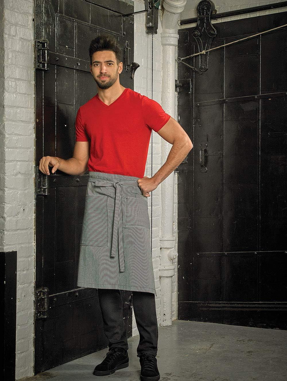 image:imageMercer Culinary Metro Edge Renegade Bib Server Apron Black Denim with Brown Leather StrapsNavyWhite Railroad Stripe
